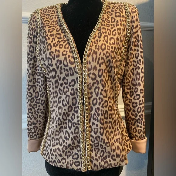 XS Boston Proper leopard faux suede jacket blazer with gold chain trim - Picture 6 of 13